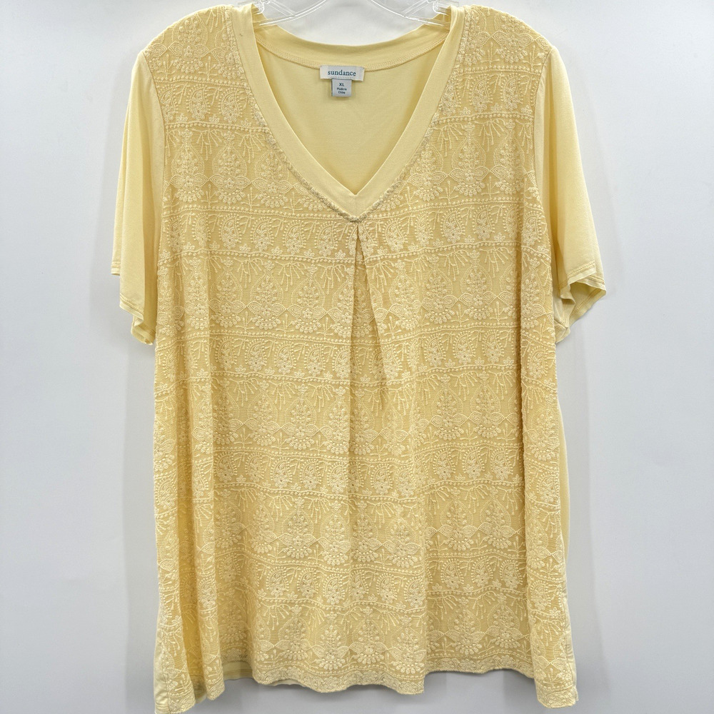 Sundance Silk Lace Front T-Shirt Top XL Yellow Beachy Boho Artsy Dainty Casual
